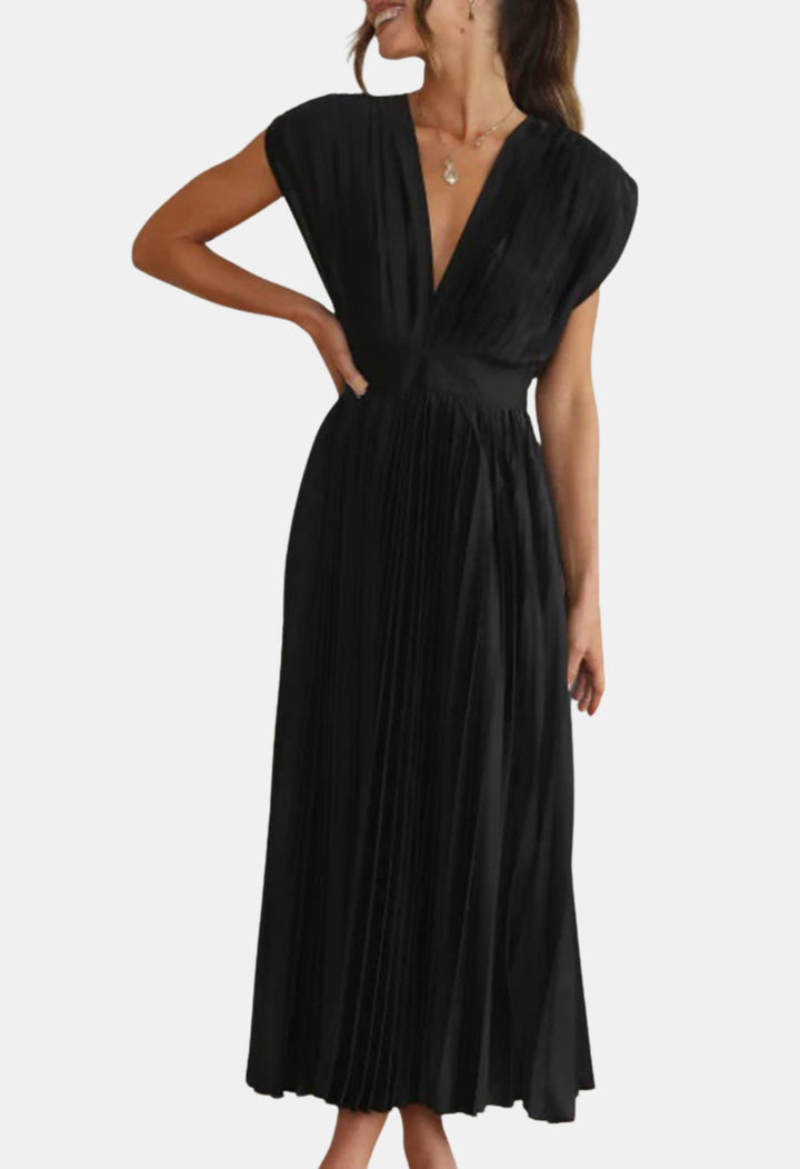 Mavyndra | Wedding Guest Pleated V Neck Midi Dress