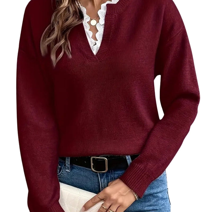 Murphy | V Neck Knit Sweater with Lace Trim