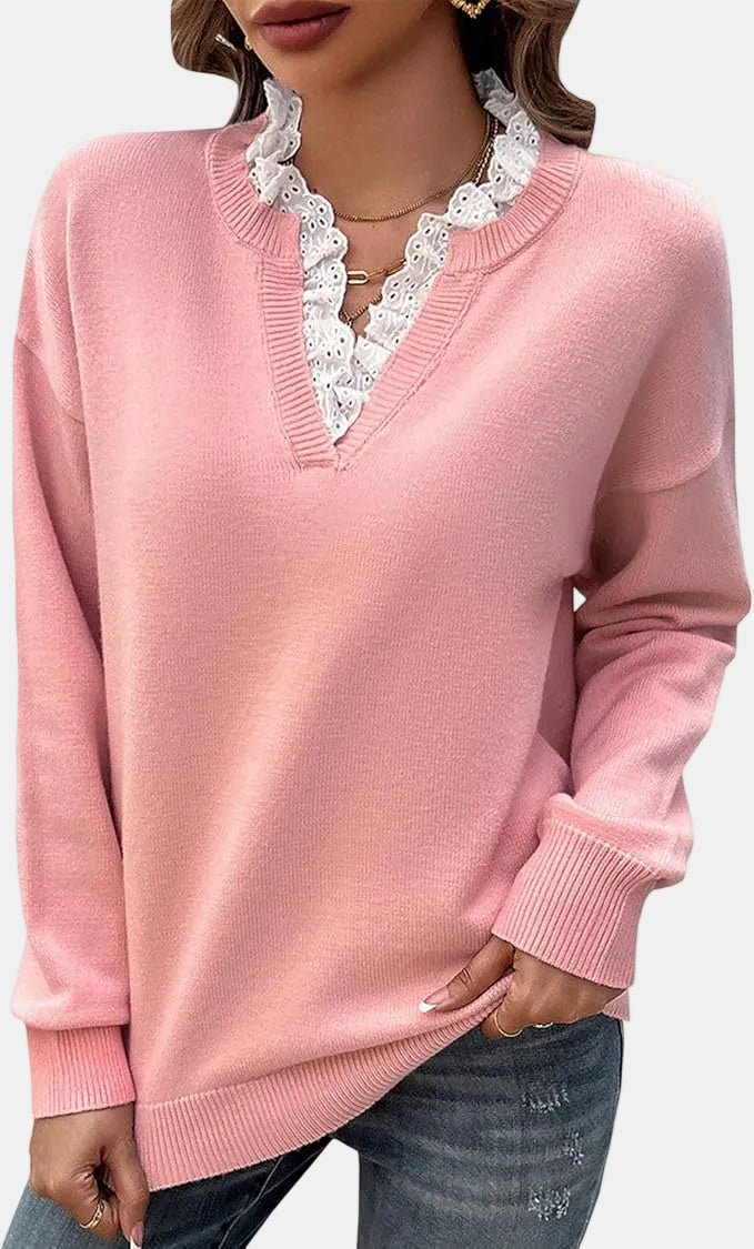 Murphy | V Neck Knit Sweater with Lace Trim