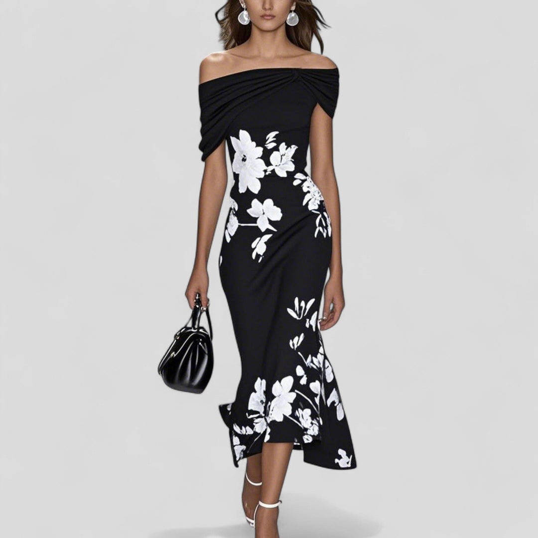 Naomi | Elegant Off Shoulder Floral Midi Dress