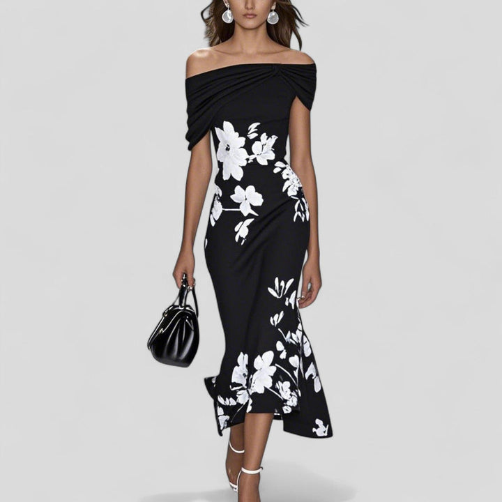 Naomi | Elegant Off Shoulder Floral Midi Dress