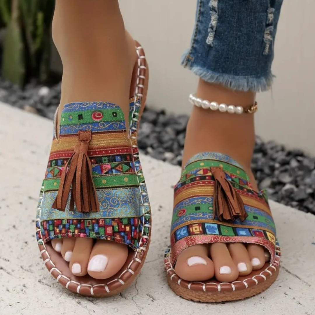 Nidia | Patterned Slide Sandals with Tassel Detail
