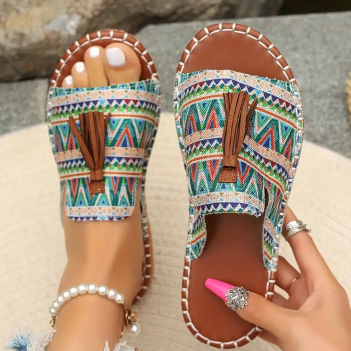 Nidia | Patterned Slide Sandals with Tassel Detail