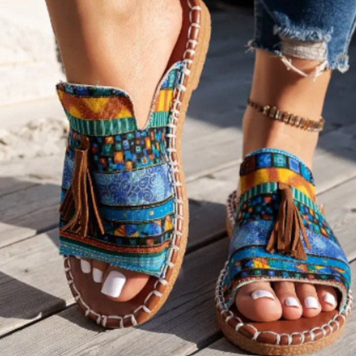 Nidia | Patterned Slide Sandals with Tassel Detail