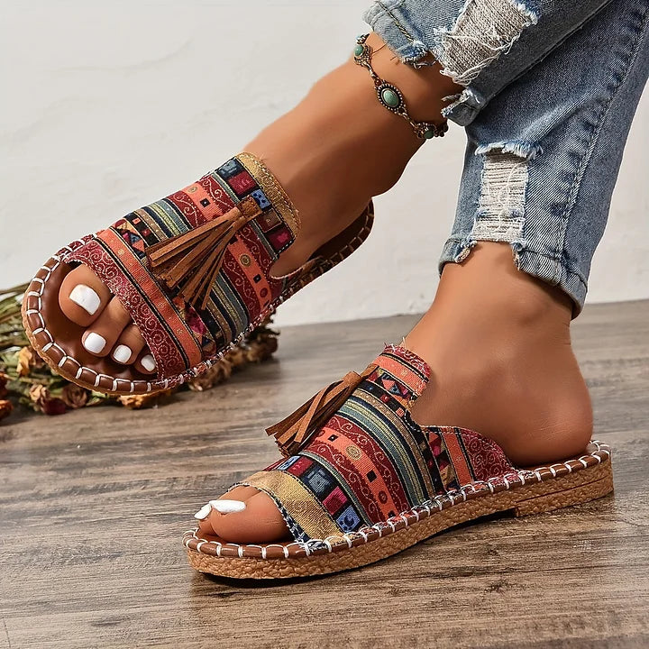 Nidia | Patterned Slide Sandals with Tassel Detail