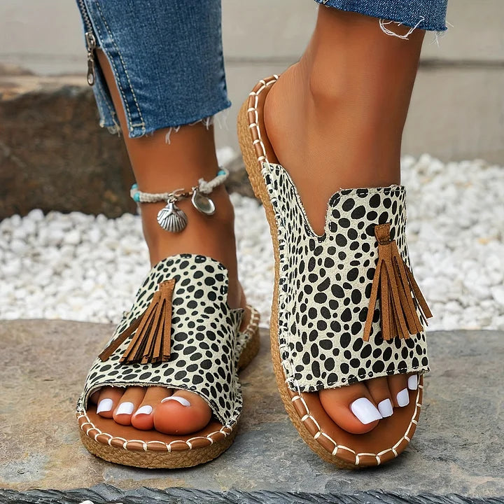 Nidia | Patterned Slide Sandals with Tassel Detail