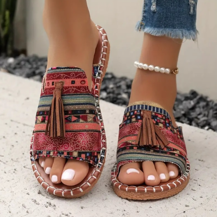 Nidia | Patterned Slide Sandals with Tassel Detail
