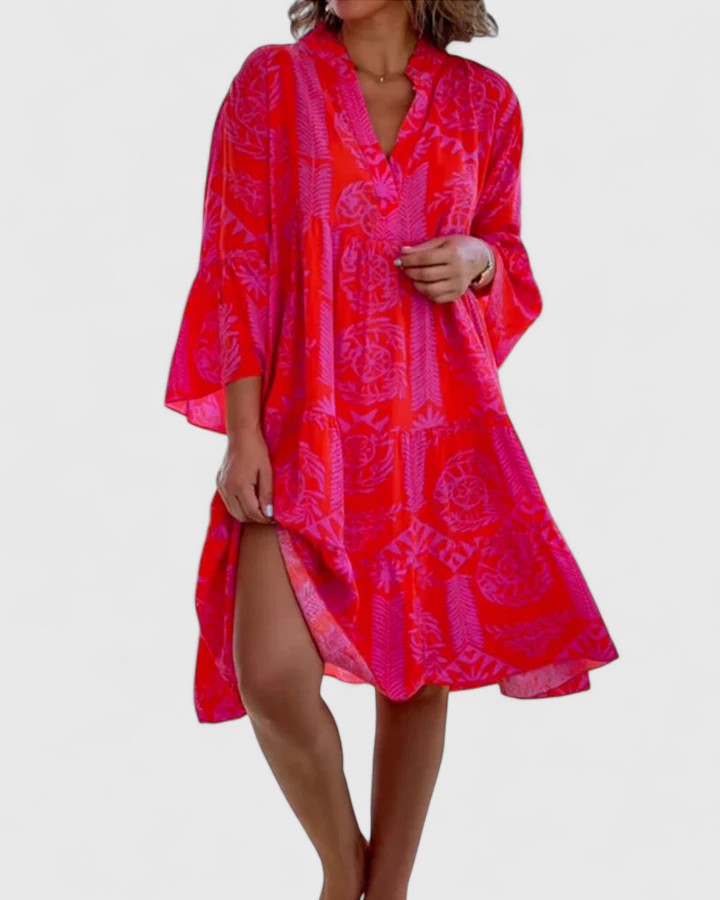 Norielia | Boho Printed Mini Dress with Bell Sleeves