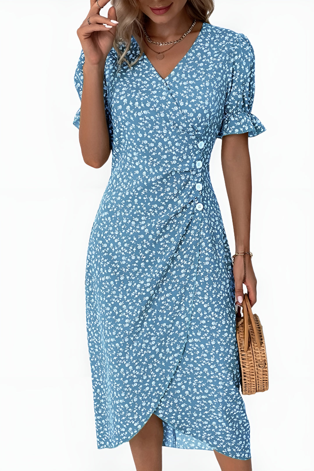 Noryndessa | Chic Floral Wrap Midi Dress with Button Detail
