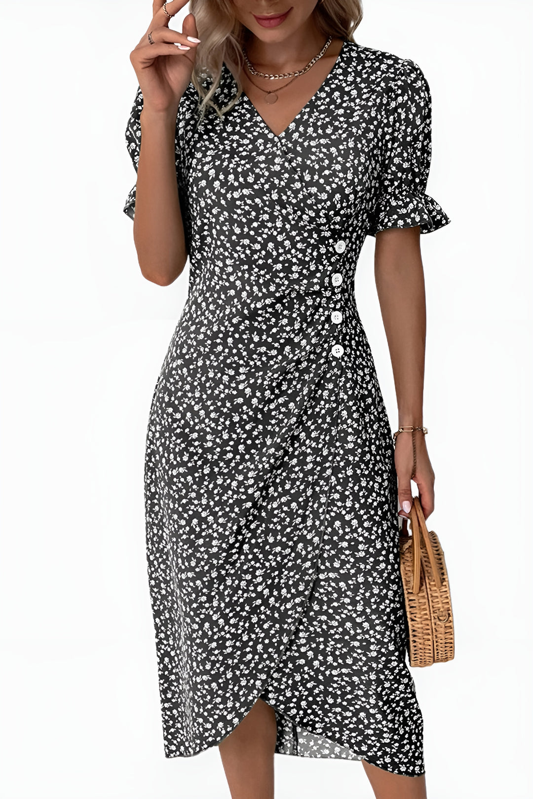 Noryndessa | Chic Floral Wrap Midi Dress with Button Detail