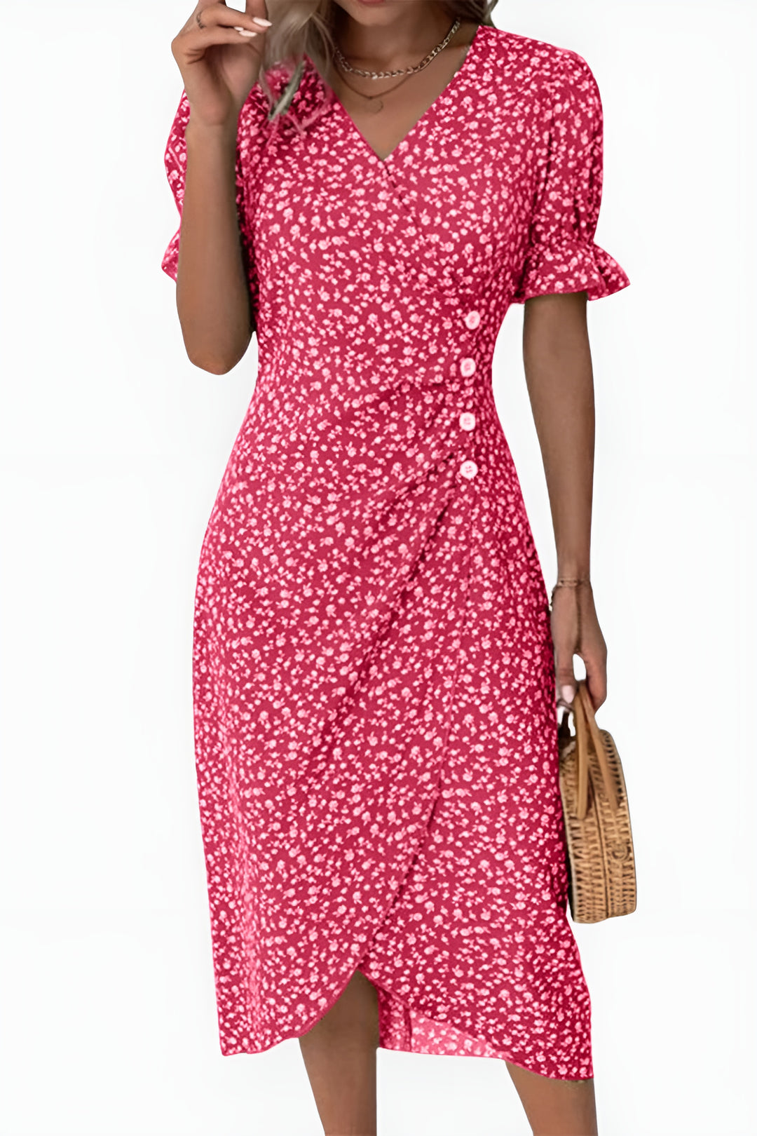 Noryndessa | Chic Floral Wrap Midi Dress with Button Detail