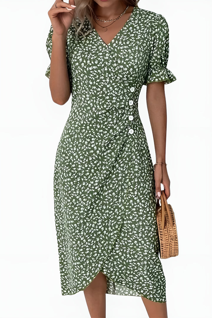 Noryndessa | Chic Floral Wrap Midi Dress with Button Detail