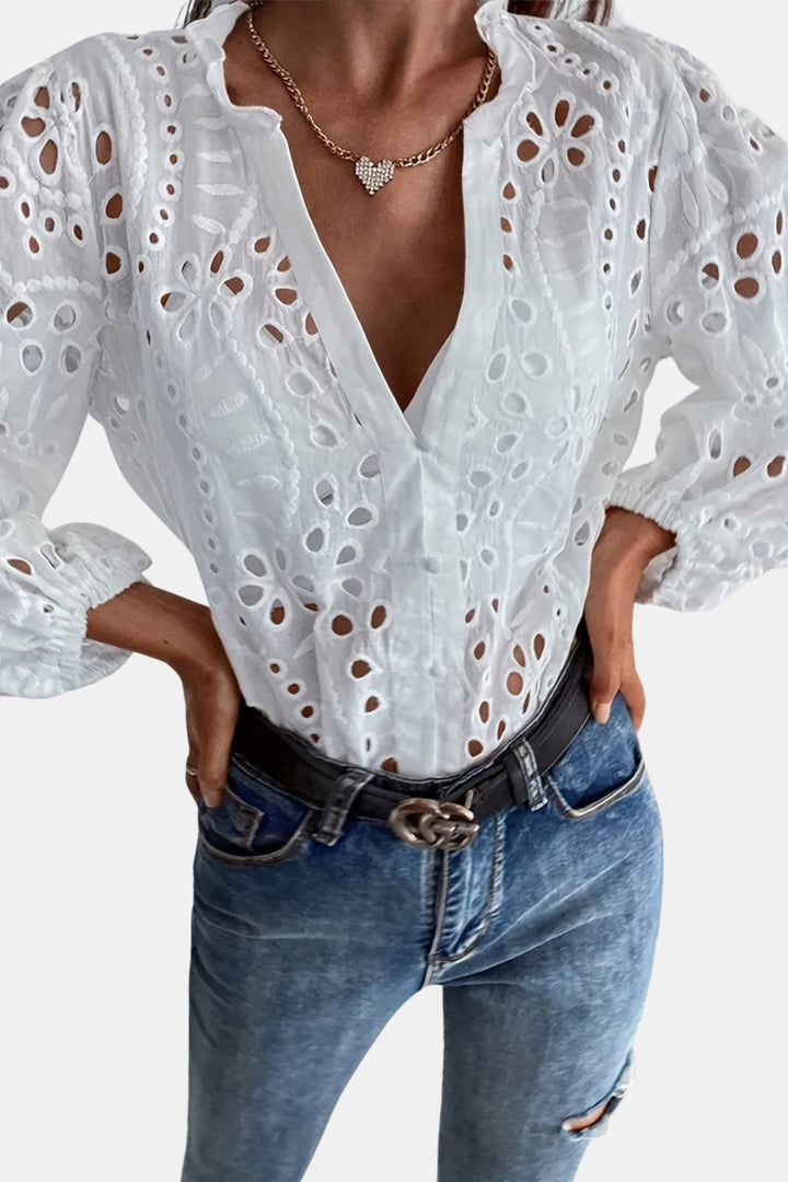Noryssa | Elegant Eyelet Blouse with V Neck