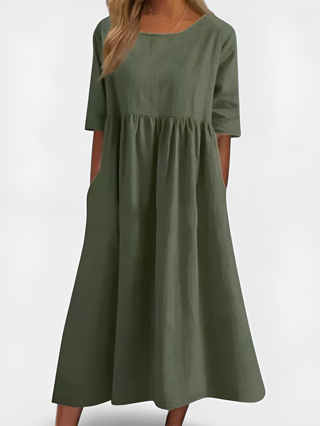 Olyndra | Natural Fabric Midi Dress with Pockets
