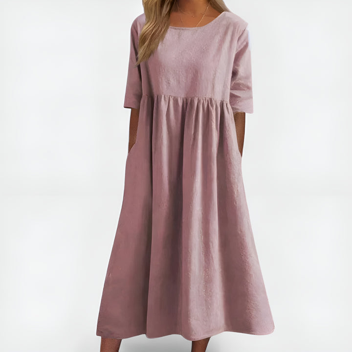 Olyndra | Natural Fabric Midi Dress with Pockets