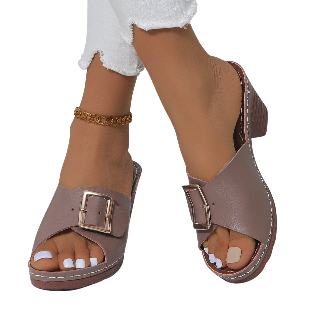 Orielle | Block Heel Slide Sandals with Buckle Detail
