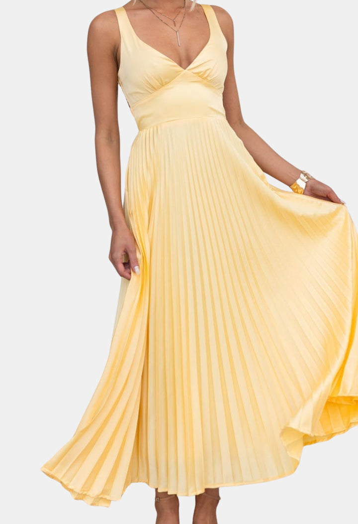 Oryzandra | Wedding Guest Pleated V Neck Maxi Dress