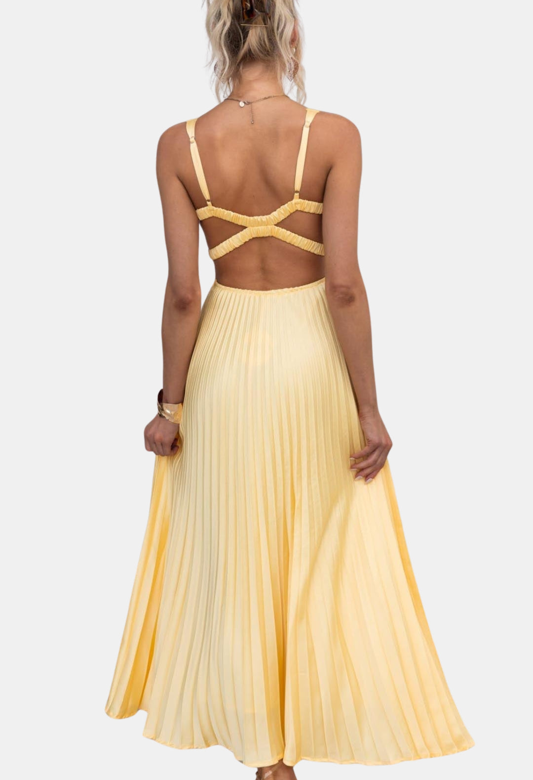 Oryzandra | Wedding Guest Pleated V Neck Maxi Dress