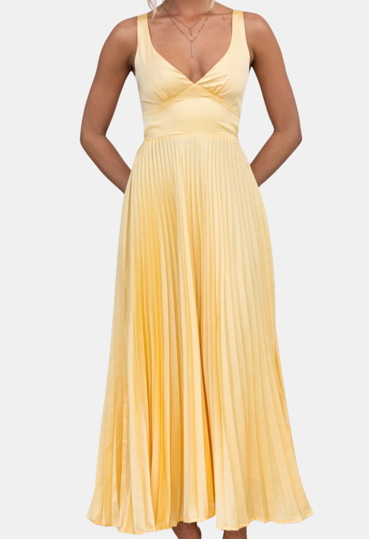 Oryzandra | Wedding Guest Pleated V Neck Maxi Dress