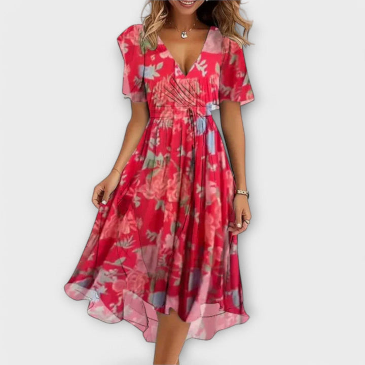 Ozyrella | Floral Wrap Midi Dress with Flutter Sleeves