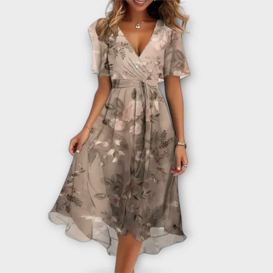 Ozyrella | Floral Wrap Midi Dress with Flutter Sleeves