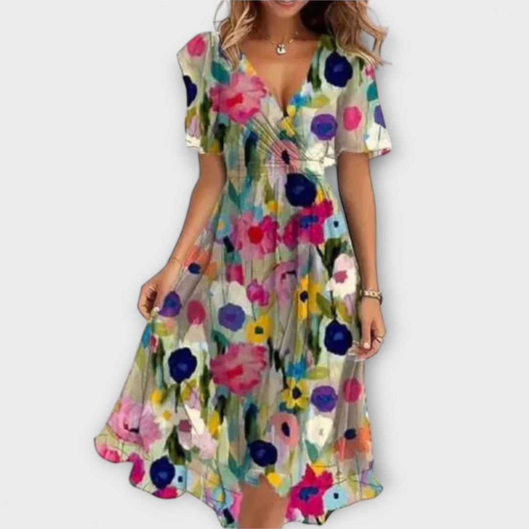 Ozyrella | Floral Wrap Midi Dress with Flutter Sleeves