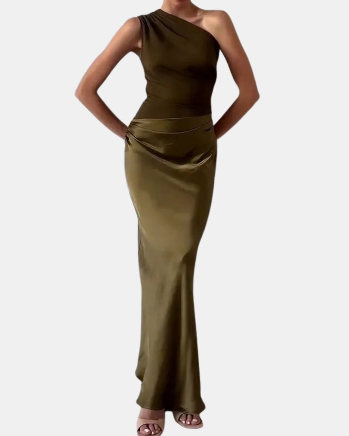 Paryvoria | Sophisticated One Shoulder Pleated Maxi Dress