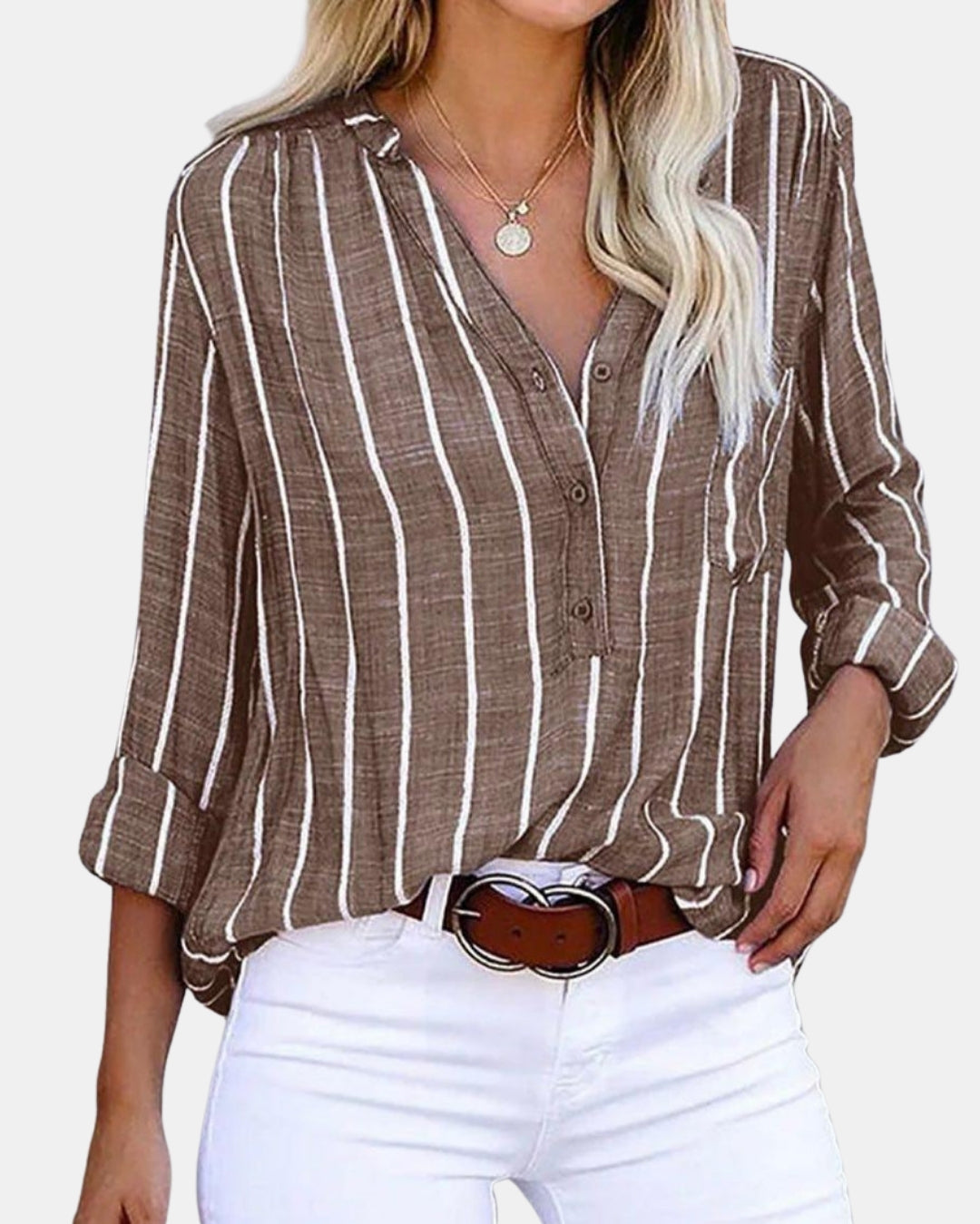 Paryzorra | Striped Button Up Blouse with Roll Sleeves