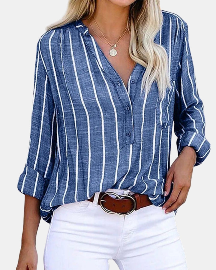 Paryzorra | Striped Button Up Blouse with Roll Sleeves
