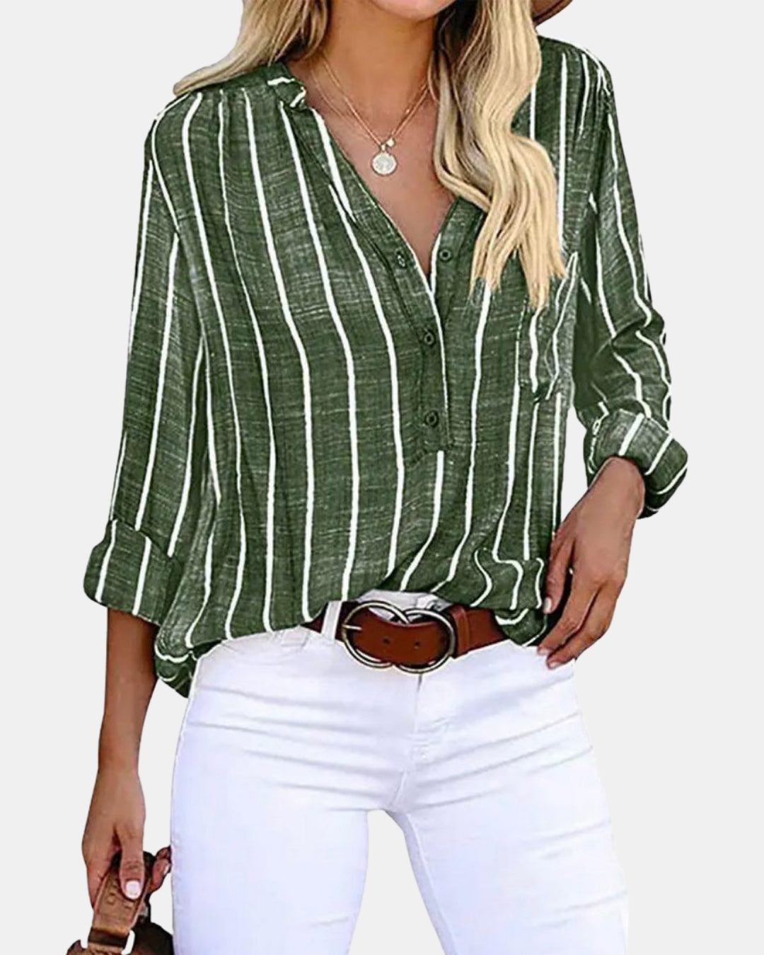 Paryzorra | Striped Button Up Blouse with Roll Sleeves