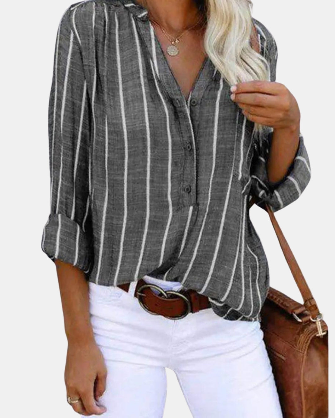 Paryzorra | Striped Button Up Blouse with Roll Sleeves