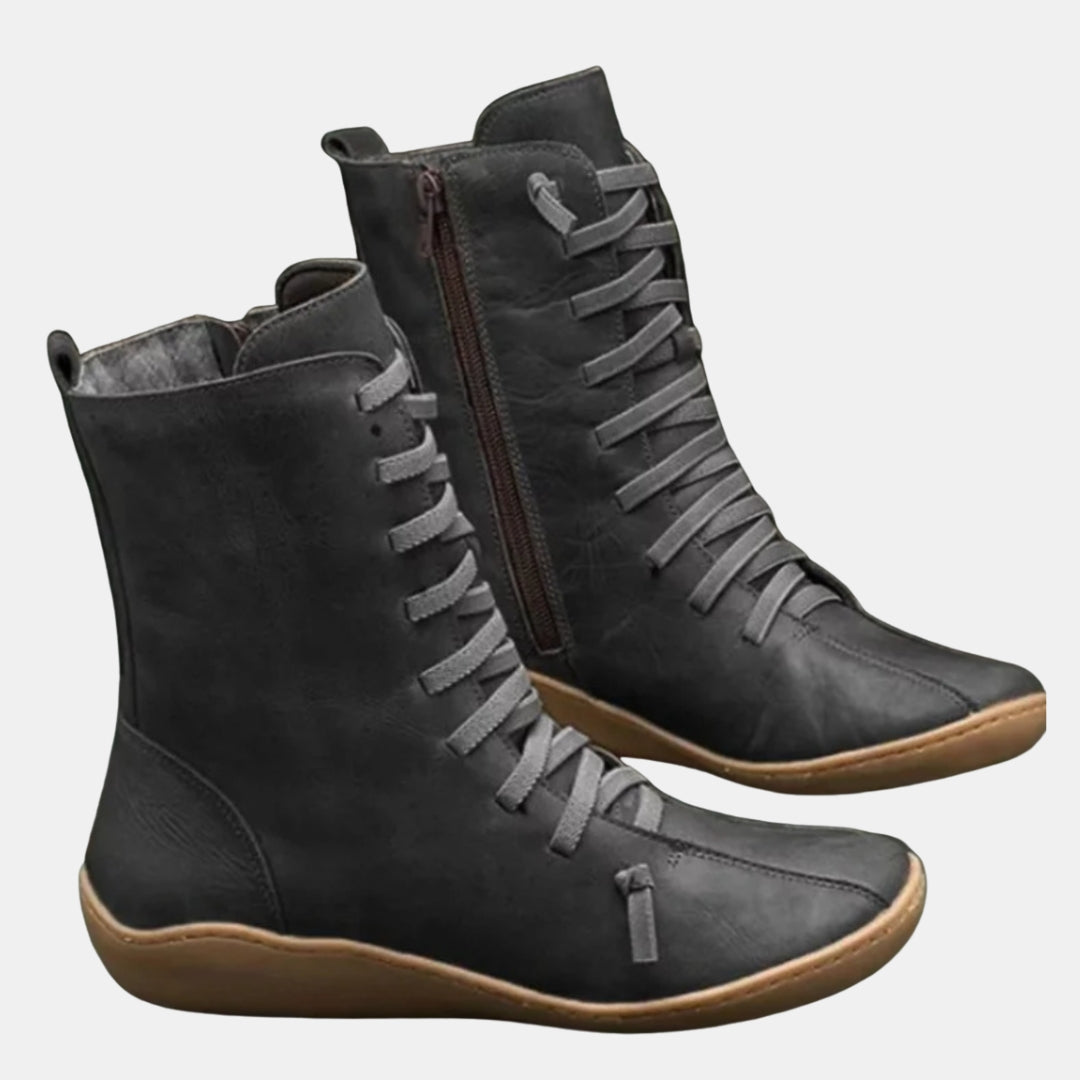 Pearline | Casual Lace-Up Mid Calf Boots with Side Zip
