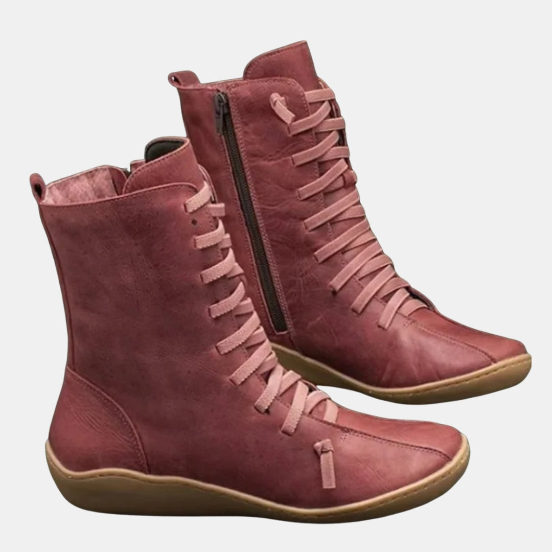 Pearline | Casual Lace-Up Mid Calf Boots with Side Zip
