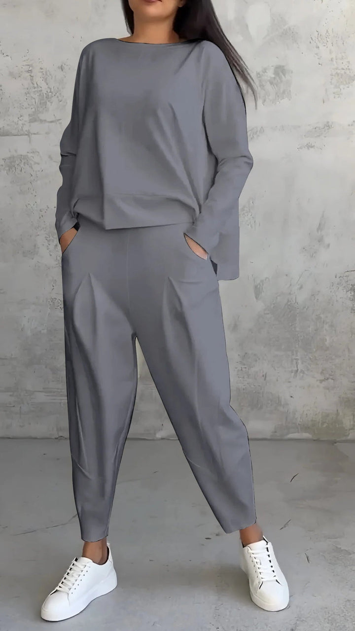 Priscilla | Modern Two Piece Set with Boat Neck Top and Tapered Pants
