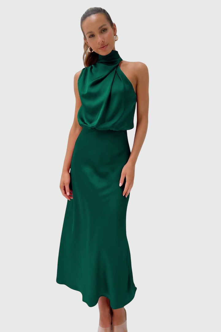 Prylina | Elegant Halter Neck Midi Dress with Draped Bodice