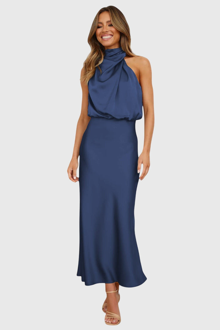 Prylina | Elegant Halter Neck Midi Dress with Draped Bodice