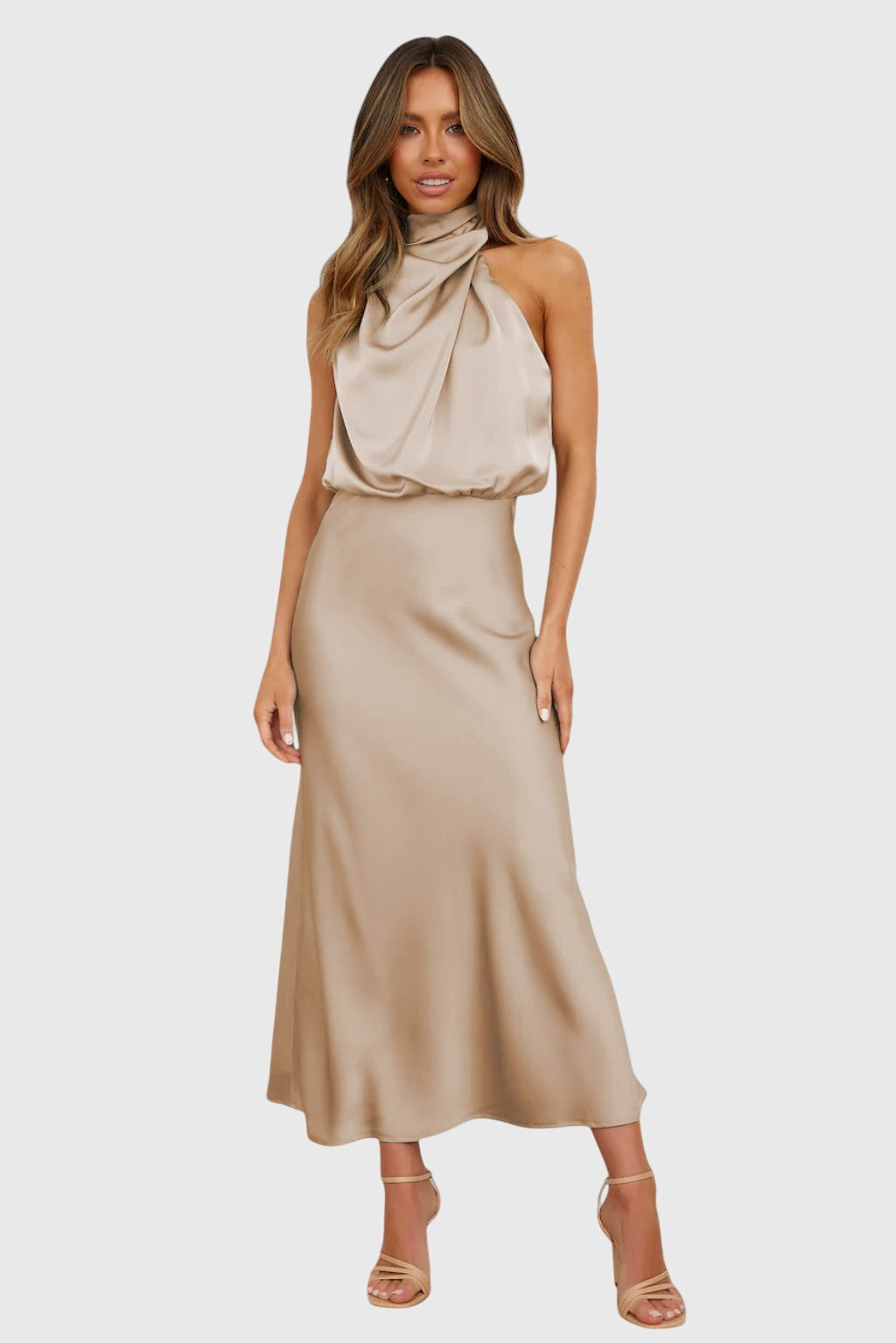 Prylina | Elegant Halter Neck Midi Dress with Draped Bodice