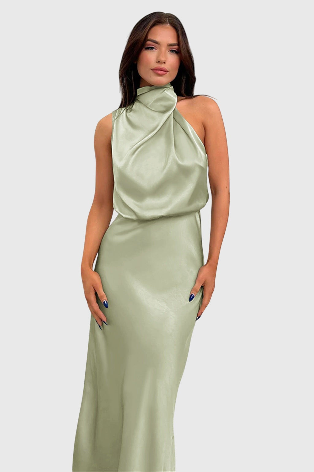 Prylina | Elegant Halter Neck Midi Dress with Draped Bodice