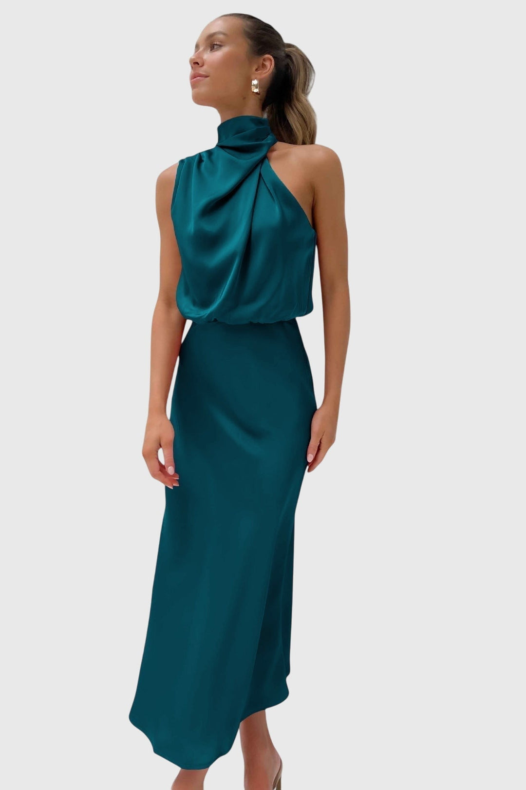 Prylina | Elegant Halter Neck Midi Dress with Draped Bodice