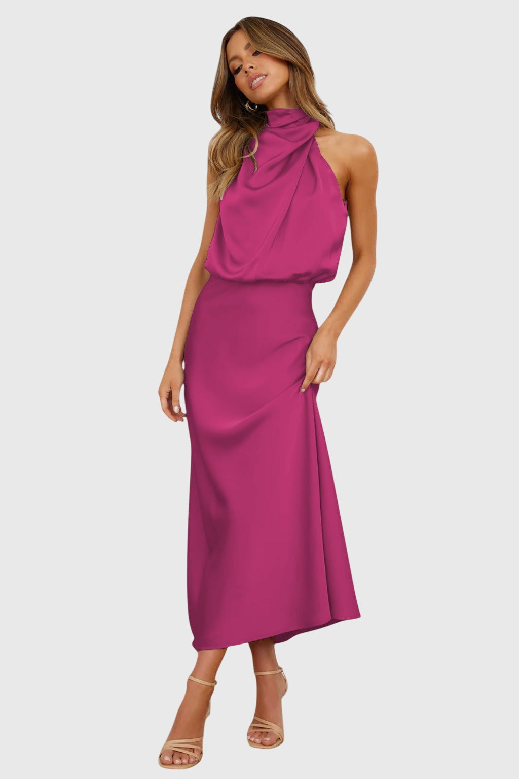 Prylina | Elegant Halter Neck Midi Dress with Draped Bodice