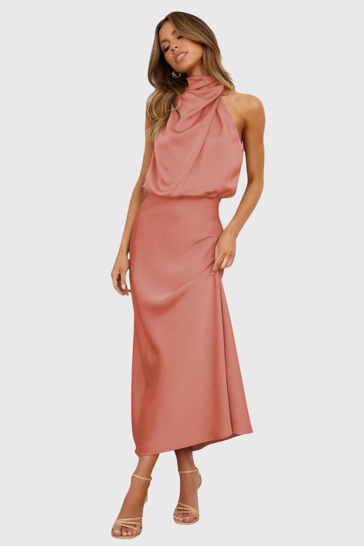 Prylina | Elegant Halter Neck Midi Dress with Draped Bodice
