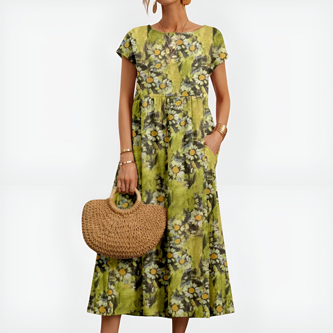 Pryzoria | Patterned Midi Dress with Short Sleeves and Pockets