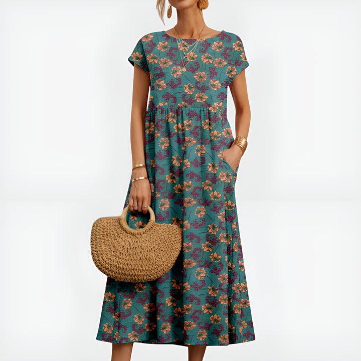 Pryzoria | Patterned Midi Dress with Short Sleeves and Pockets
