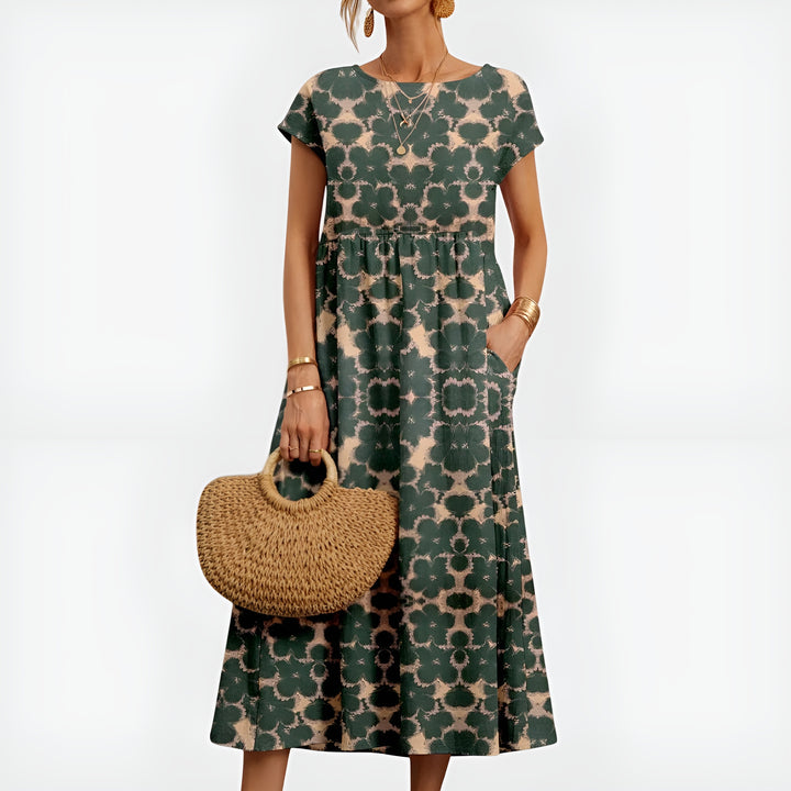 Pryzoria | Patterned Midi Dress with Short Sleeves and Pockets