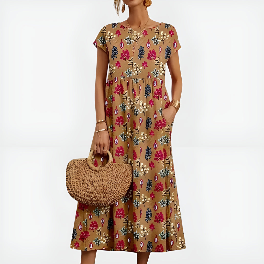 Pryzoria | Patterned Midi Dress with Short Sleeves and Pockets