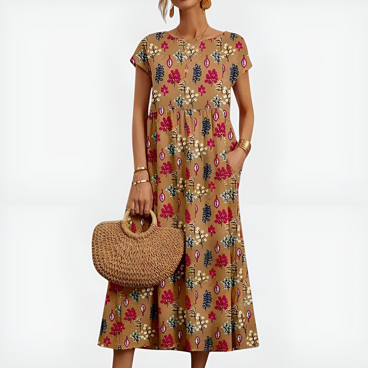 Pryzoria | Patterned Midi Dress with Short Sleeves and Pockets