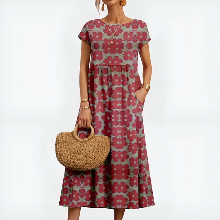 Pryzoria | Patterned Midi Dress with Short Sleeves and Pockets