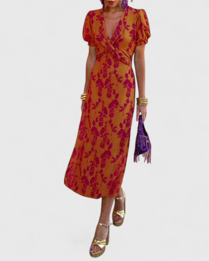 Pyralyn | Floral Wrap Midi Dress with Puff Sleeves