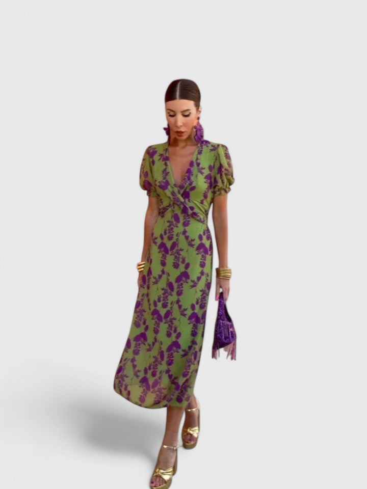 Pyralyn | Floral Wrap Midi Dress with Puff Sleeves