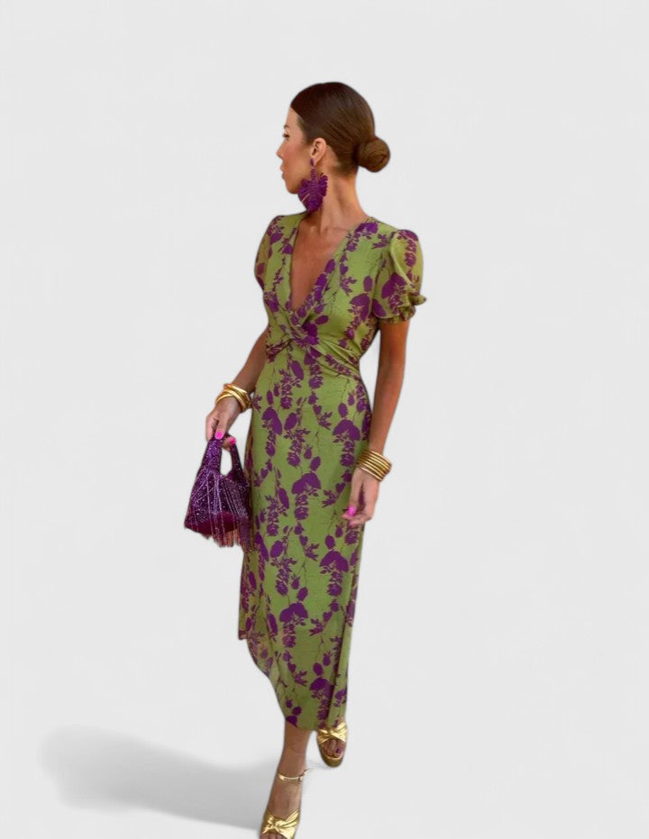 Pyralyn | Floral Wrap Midi Dress with Puff Sleeves